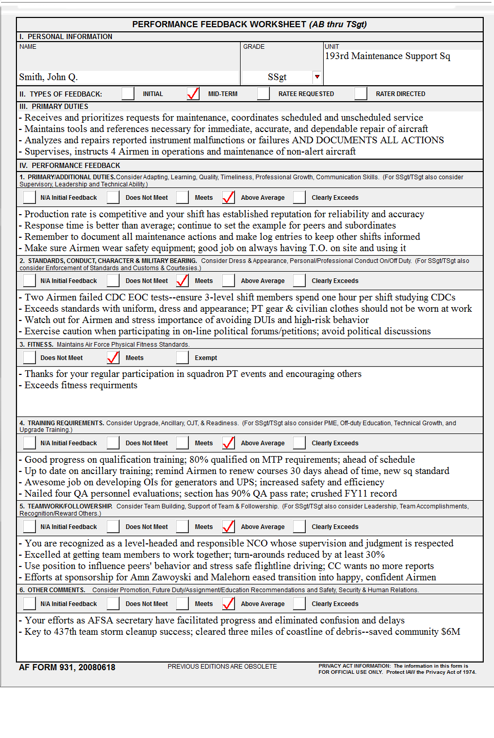 AF Form 931, Mid-term Feedback