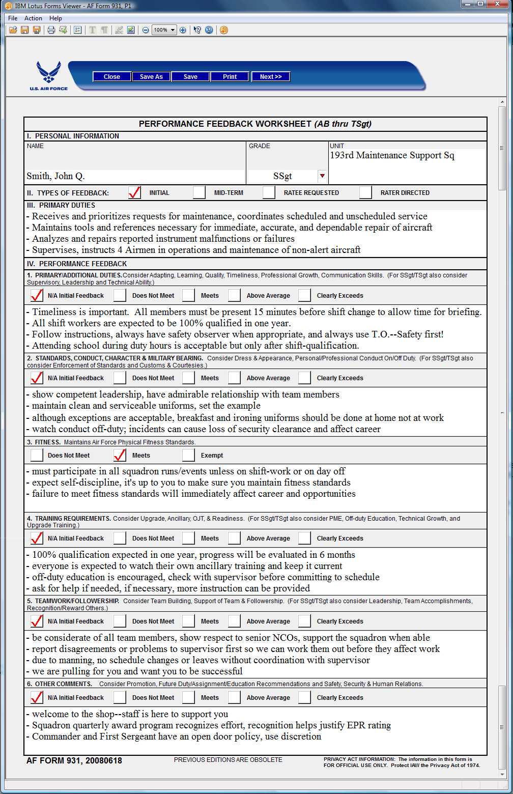 AF Form 931 Performance Feedback Worksheet