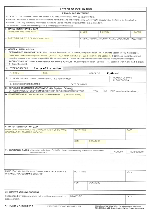 AF Form 77 Letter of Evaluation