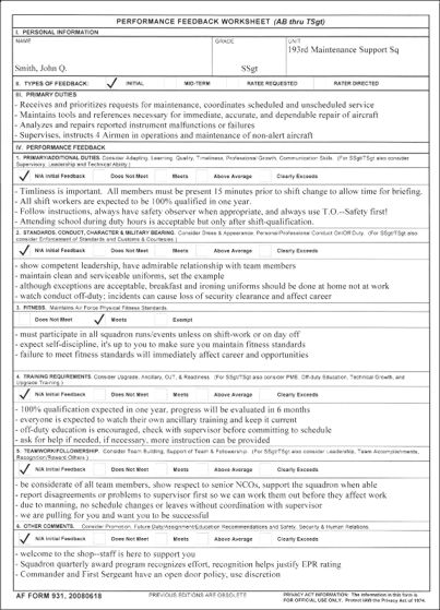 AF Form 931 Performance Feedback Worksheet