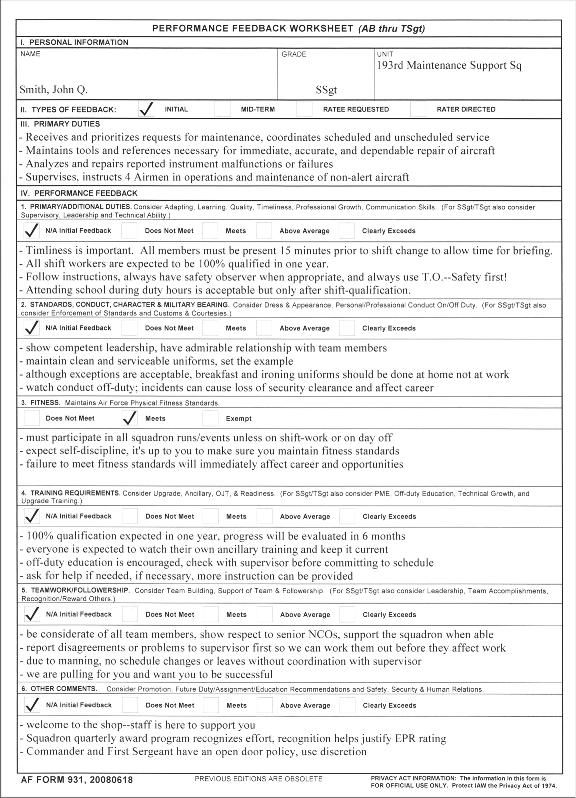 AF Form 931 Performance Feedback Worksheet