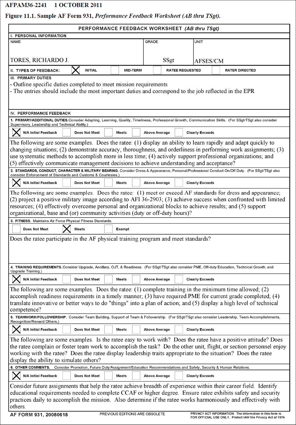 AF Form 931 Initial Feedback Example
