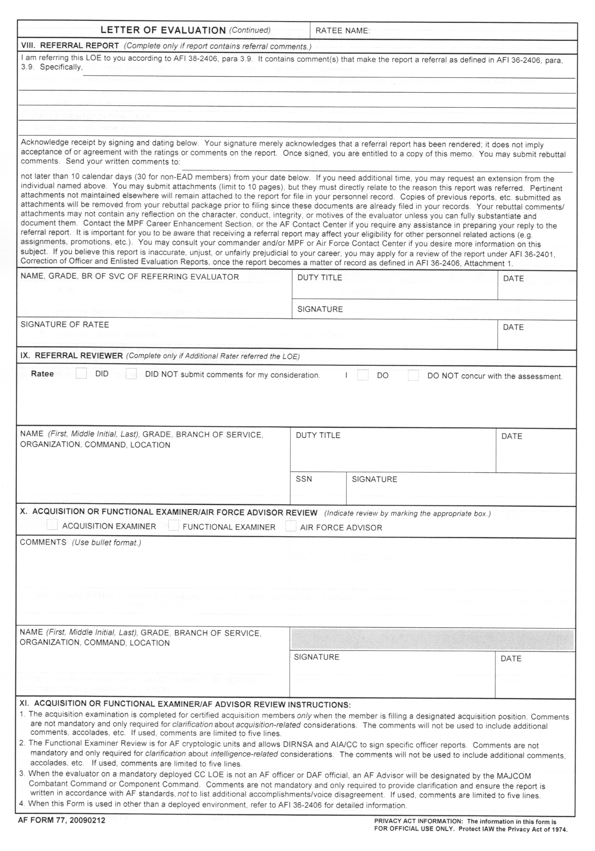 AF Form 77 Letter of Evaluation