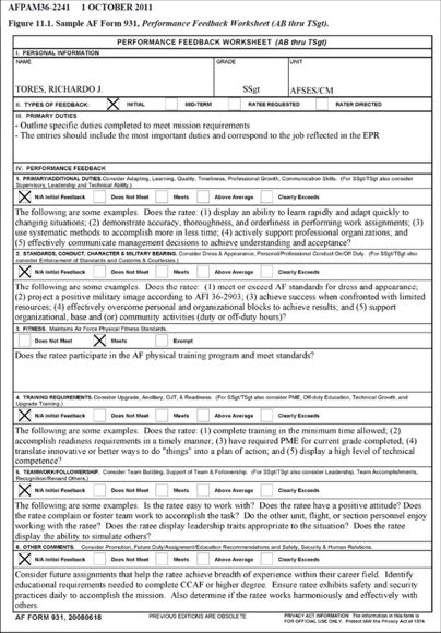 AF Form 931 Performance Feedback Worksheet